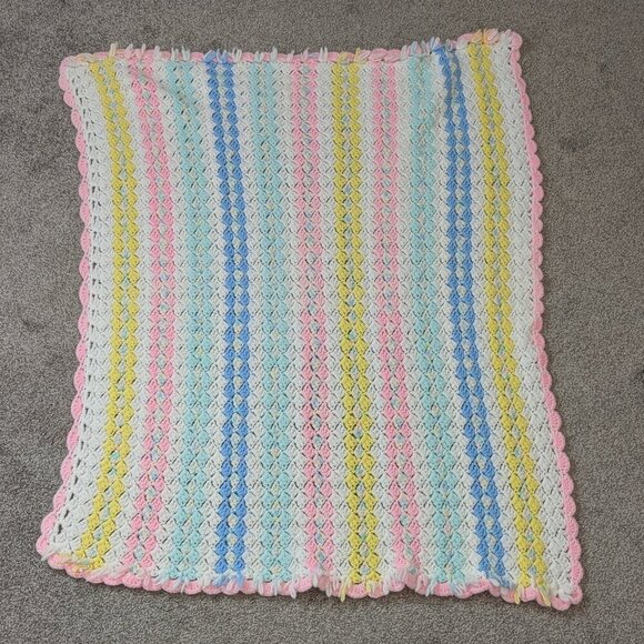 HOMEMADE Baby Afghan Blanket; Pink, Blue, Yellow, White, Green; Size 43 x 43 - Picture 3 of 3